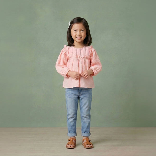 Girls cotton seersucker pintuck blouse with pleated ruffle yoke and puff sleeves – Laila by Erde, ages 2–6