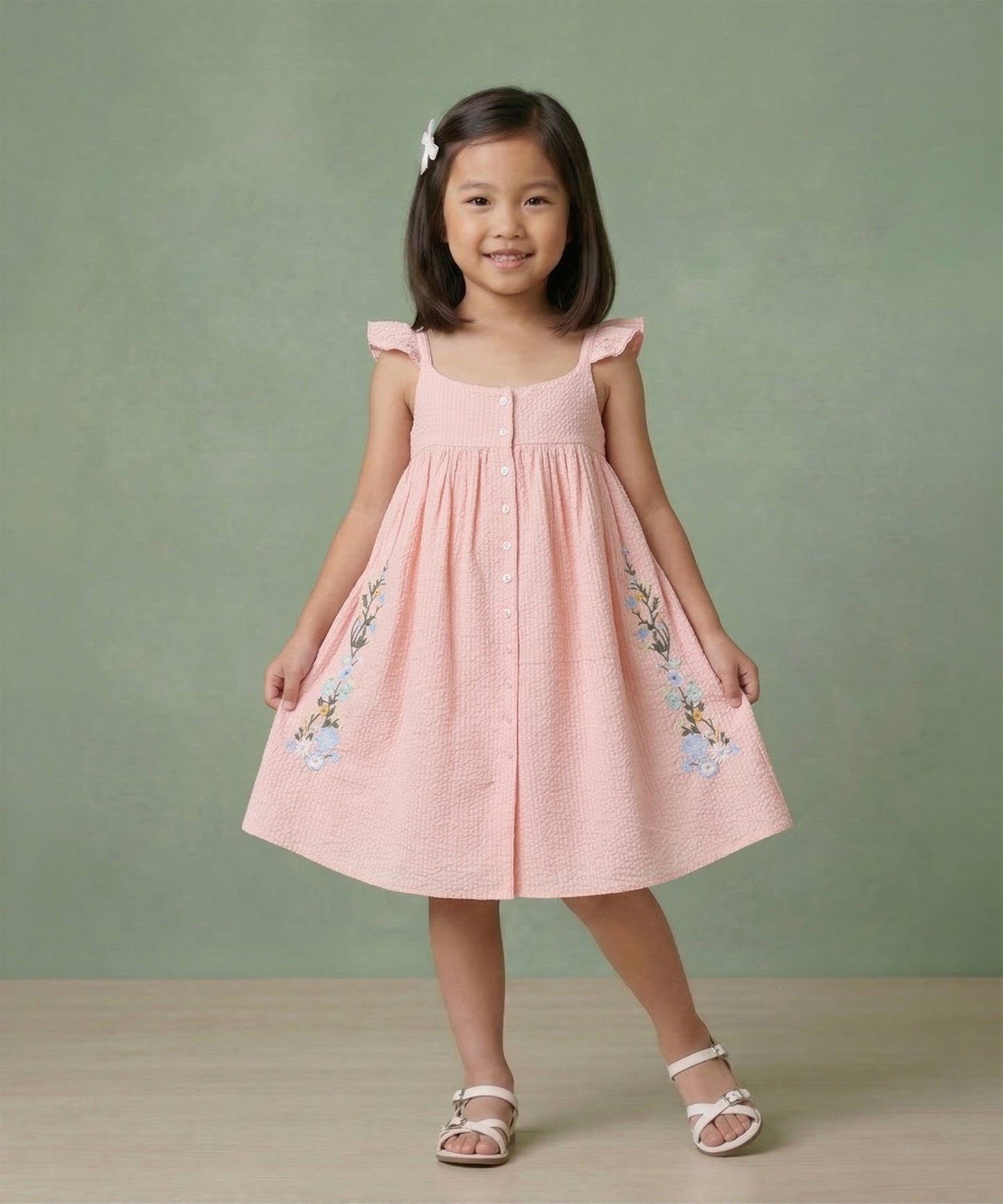 Girls blush floral embroidered cotton seersucker dress with A-line silhouette – Lana by Erde, ages 2–6
