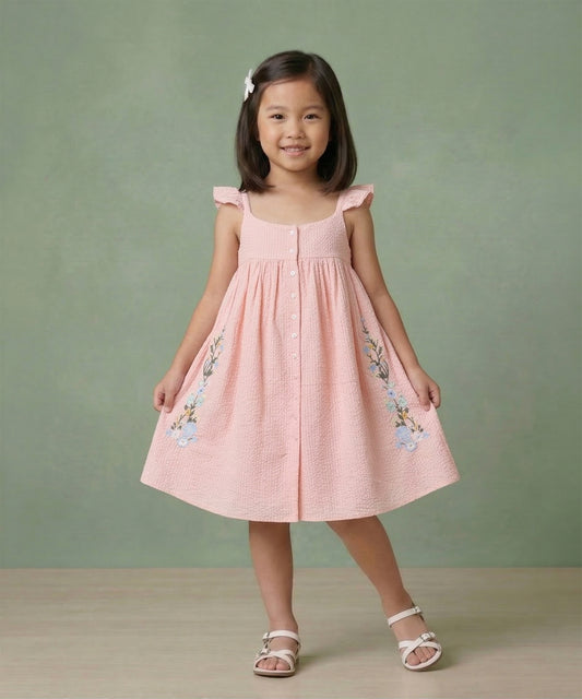 Girls blush floral embroidered cotton seersucker dress with A-line silhouette – Lana by Erde, ages 2–6