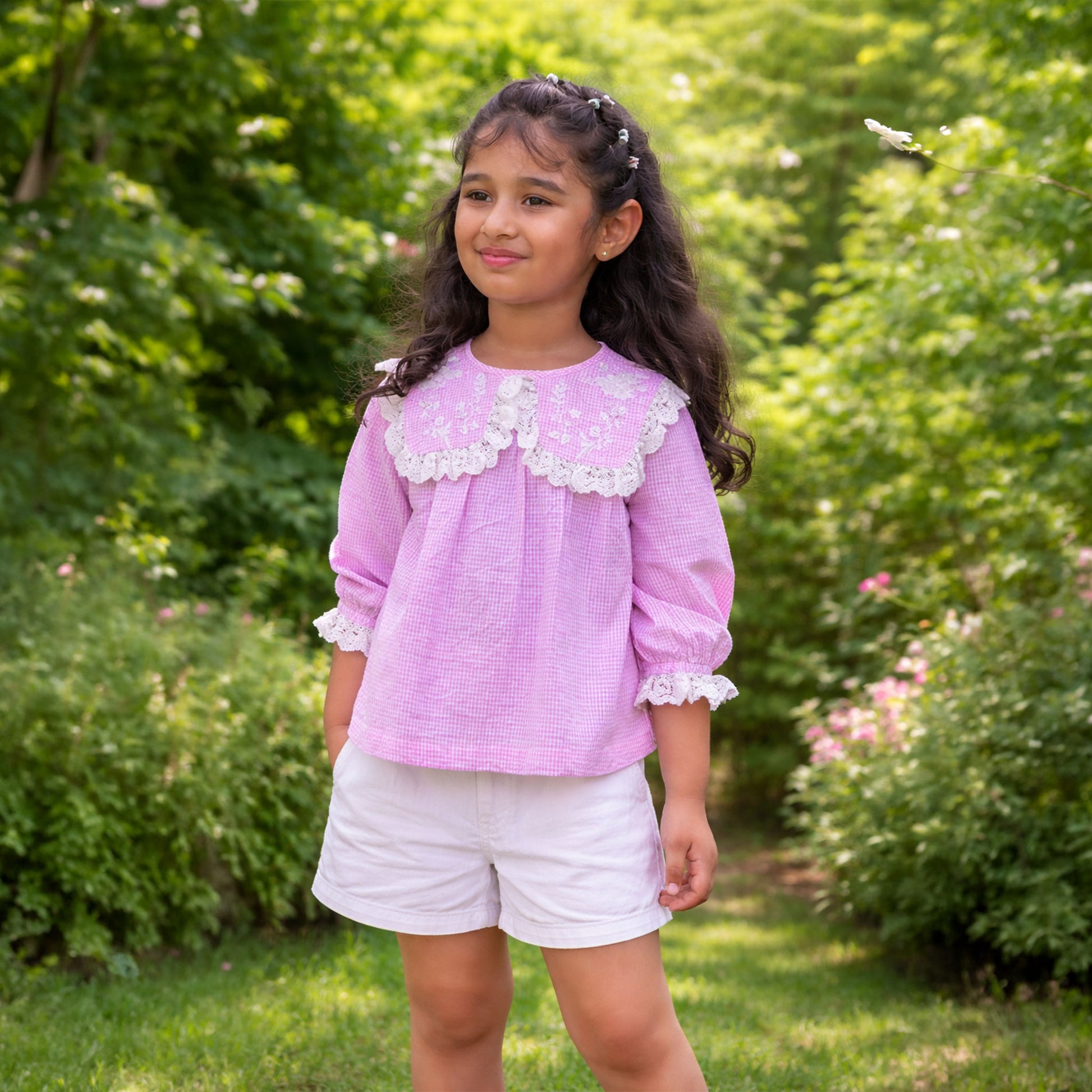 Girls pink gingham blouse with handmade embellished lace collar – Lana by Erde, ages 2–6
