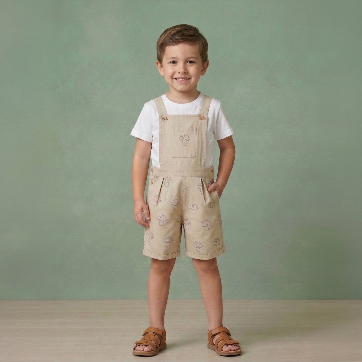 Boys mushroom embroidered cotton twill dungaree with adjustable straps and front pocket – Erde India, ages 2–6