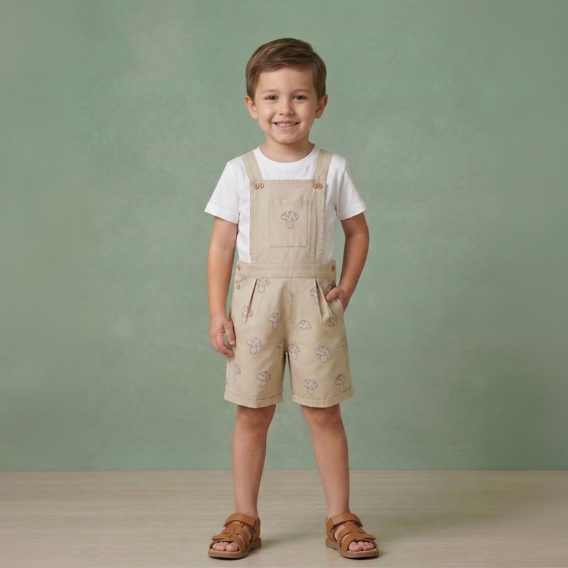 Boys mushroom embroidered cotton twill dungaree with adjustable straps and front pocket – Erde India, ages 2–6