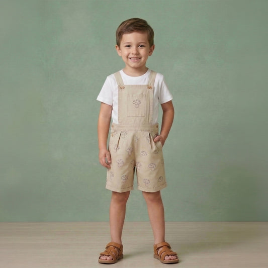 Girls mushroom embroidered cotton twill dungaree with adjustable straps and front pocket – Erde India, ages 2–6