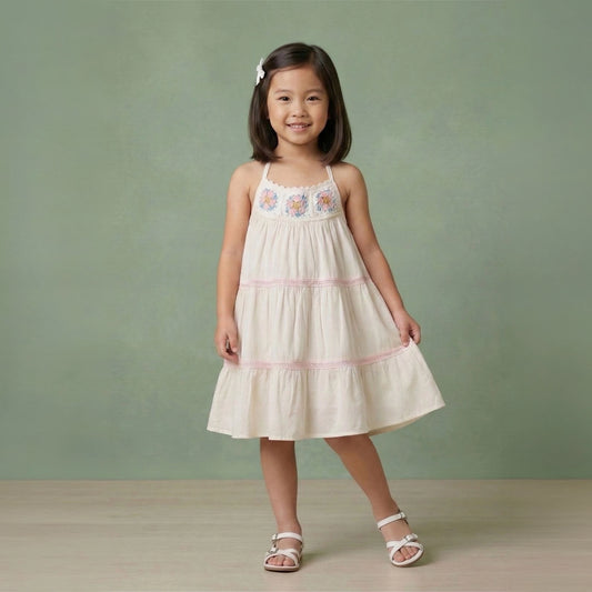 Girls handcrafted crochet tiered cotton dress with floral embroidery and halter straps – Nicole by Erde, ages 2–6