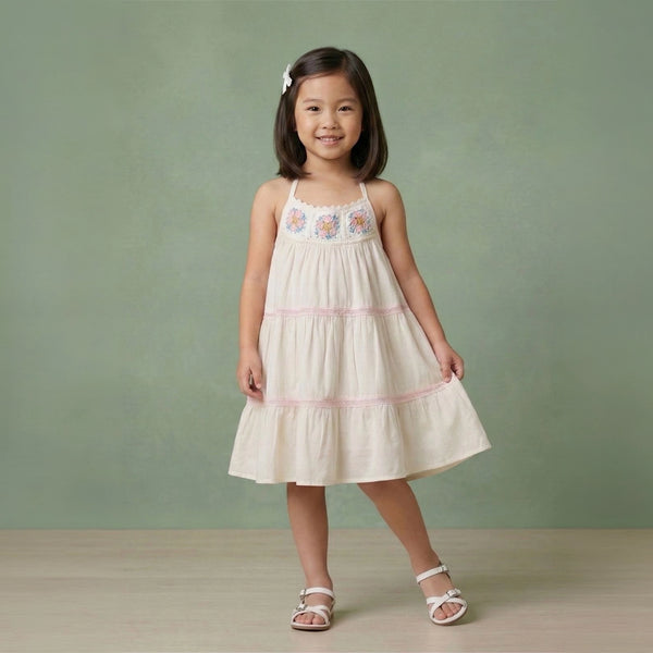 Girls handcrafted crochet tiered cotton dress with floral embroidery and halter straps – Nicole by Erde, ages 2–6