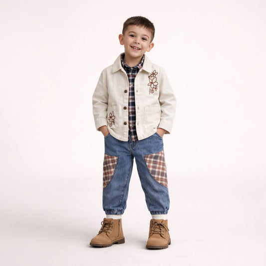 Boys boho utility winter pants in washed denim and yarn-dyed checks – Obey by Erde, ages 2–6