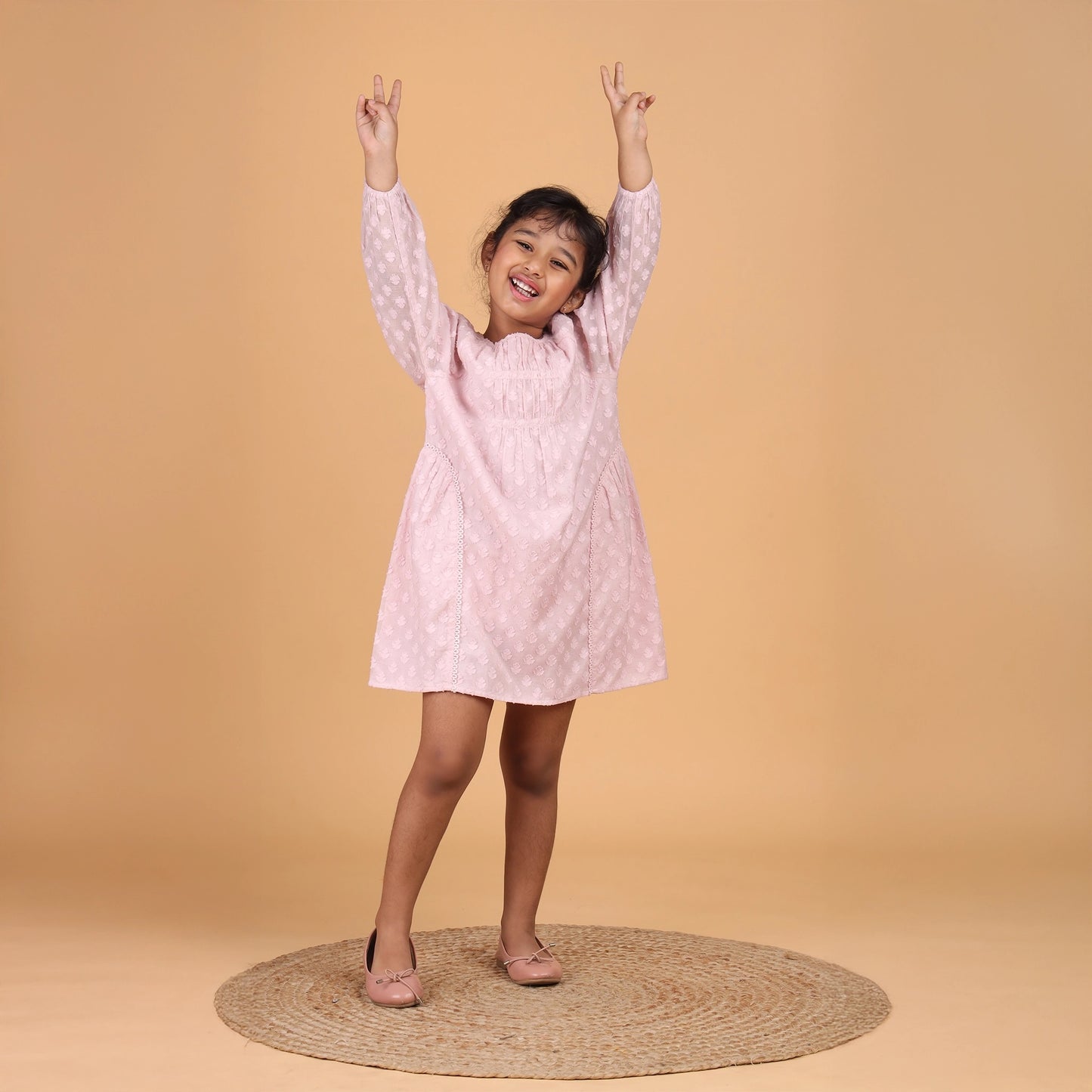 Girls Barbie pink festive cotton jacquard dress with lace inserts – Paloma by Erde, ages 2–6