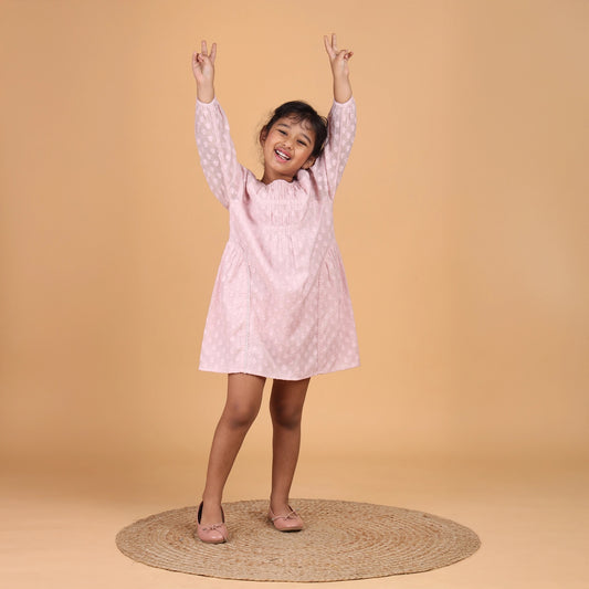 Girls Barbie pink festive cotton jacquard dress with lace inserts – Paloma by Erde, ages 2–6