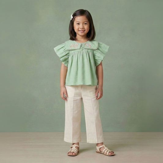 Girls floral embroidered lace collar cotton top with flutter sleeves – Rachel by Erde, ages 2–6, handmade India