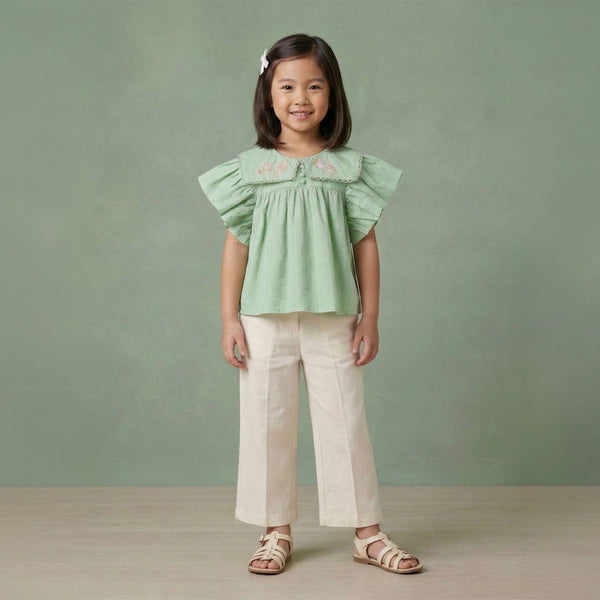 Girls floral embroidered lace collar cotton top with flutter sleeves – Rachel by Erde, ages 2–6, handmade India