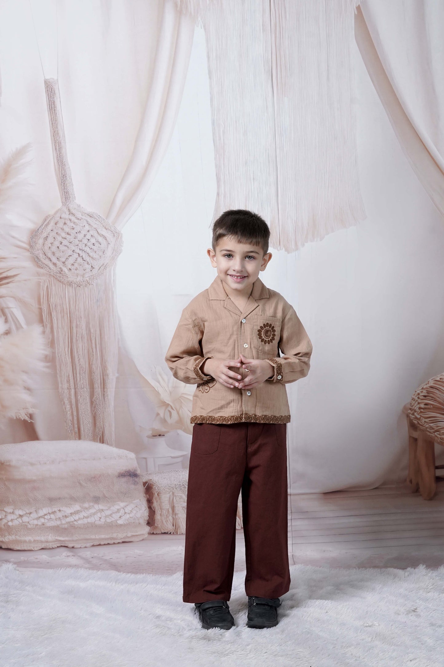 Boys textured heritage double cloth cotton shirt with rice stitch embroidery – Rhone by Erde, ages 2–6