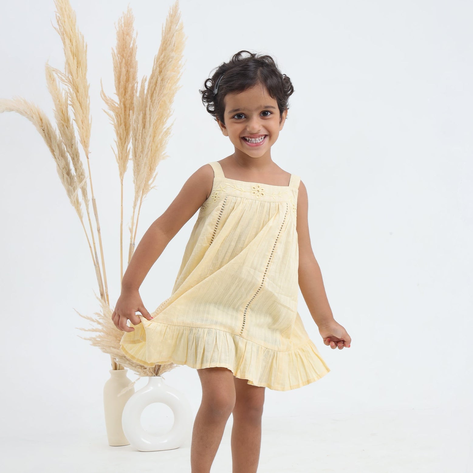 Girls sunshine yellow embroidered cotton dress with ladder lace – Rosine by Erde, ages 2–6