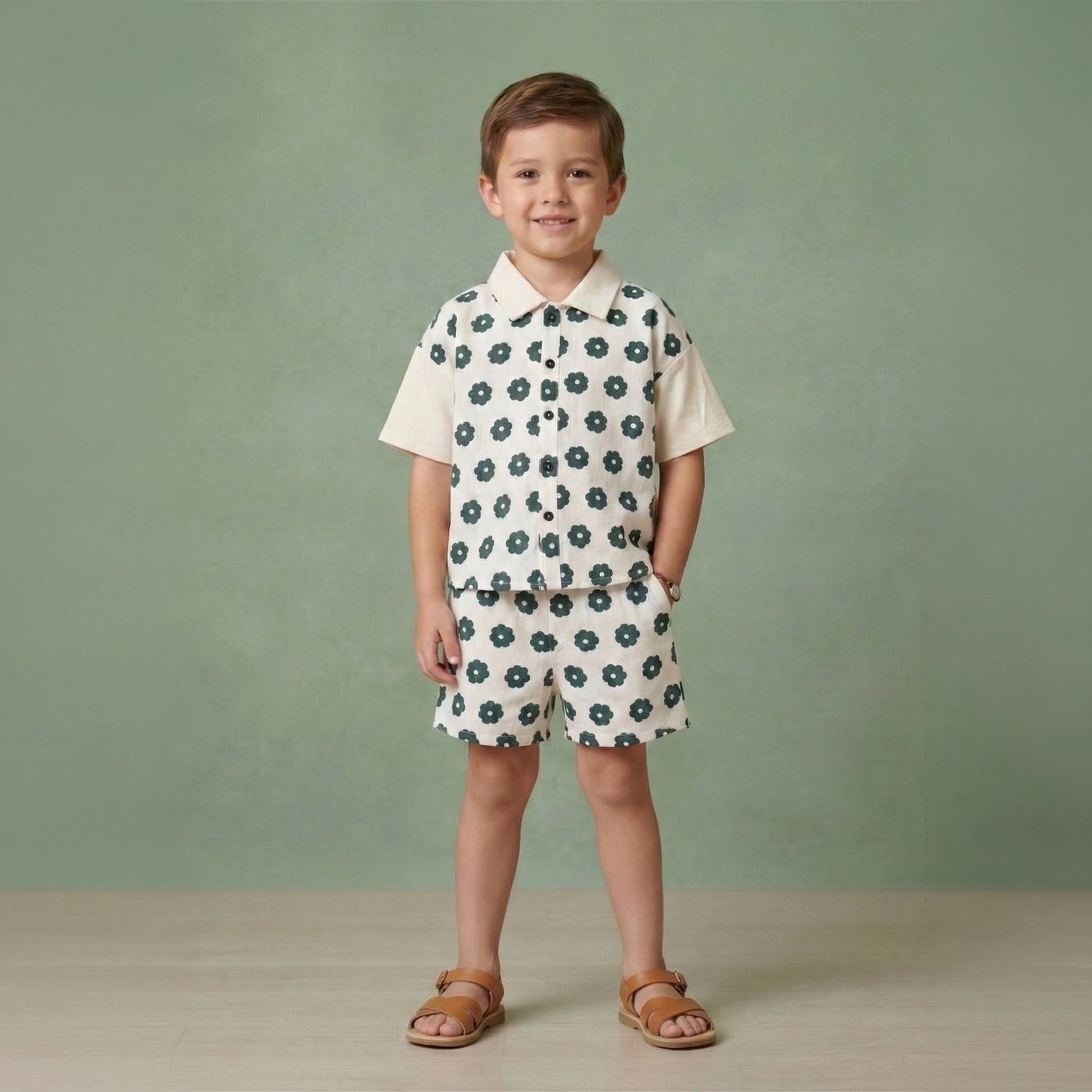Boys floral print cotton dobby shirt and shorts co-ord set – Rugby by Erde, ages 2–6, handmade India