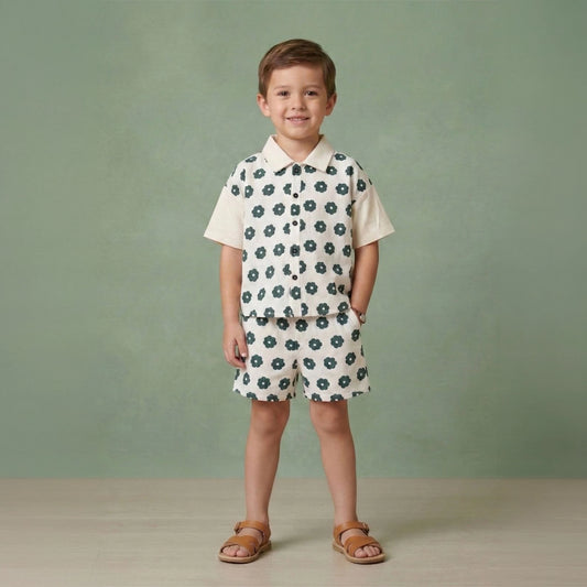 Boys floral print cotton dobby shirt and shorts co-ord set – Rugby by Erde, ages 2–6, handmade India