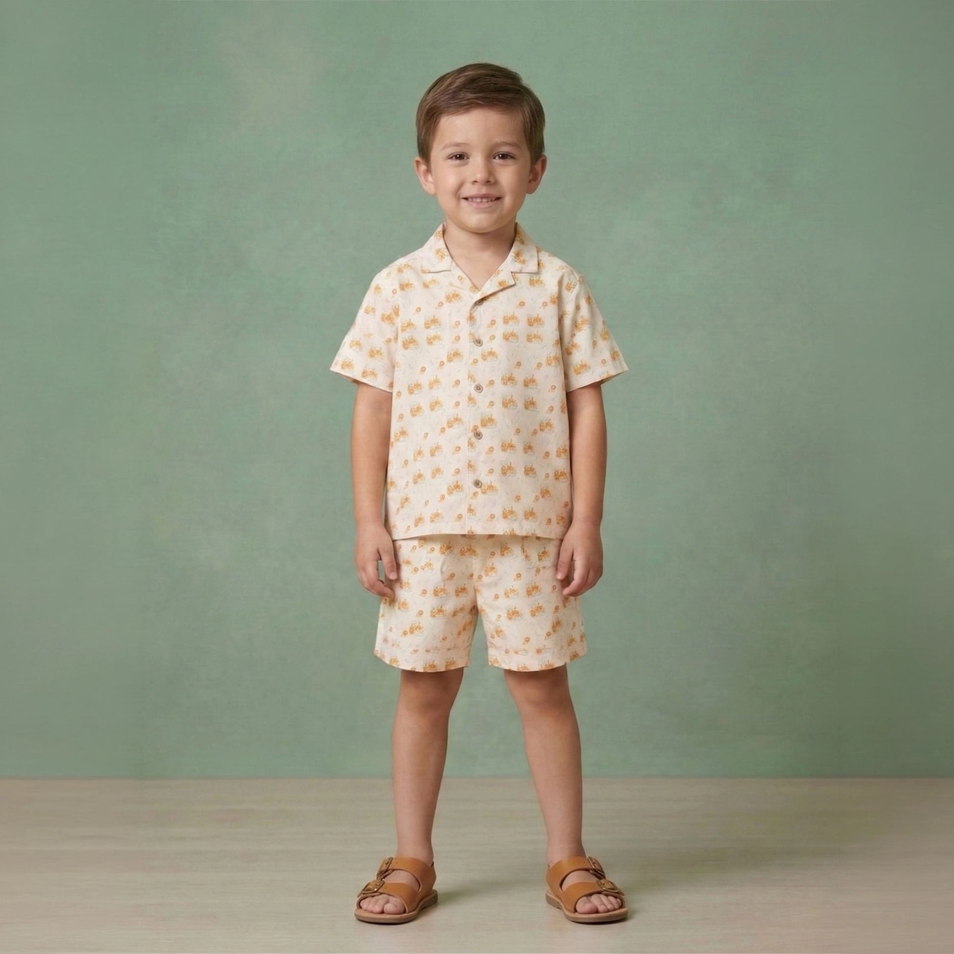 Boys safari animal print cotton shirt and shorts co-ord set with wooden buttons – Erde India, ages 2–6
