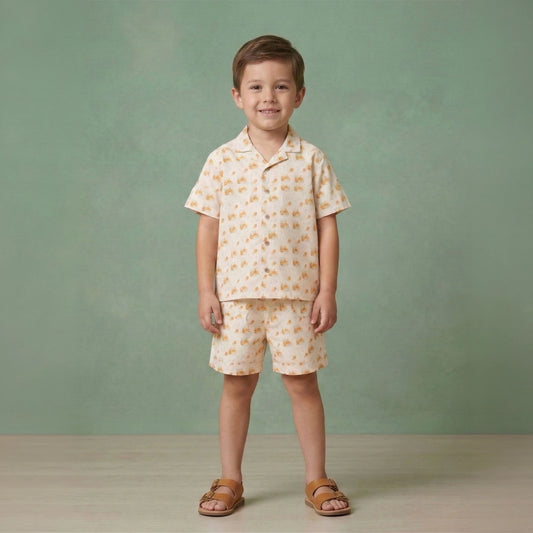 Boys safari animal print cotton shirt and shorts co-ord set with wooden buttons – Erde India, ages 2–6