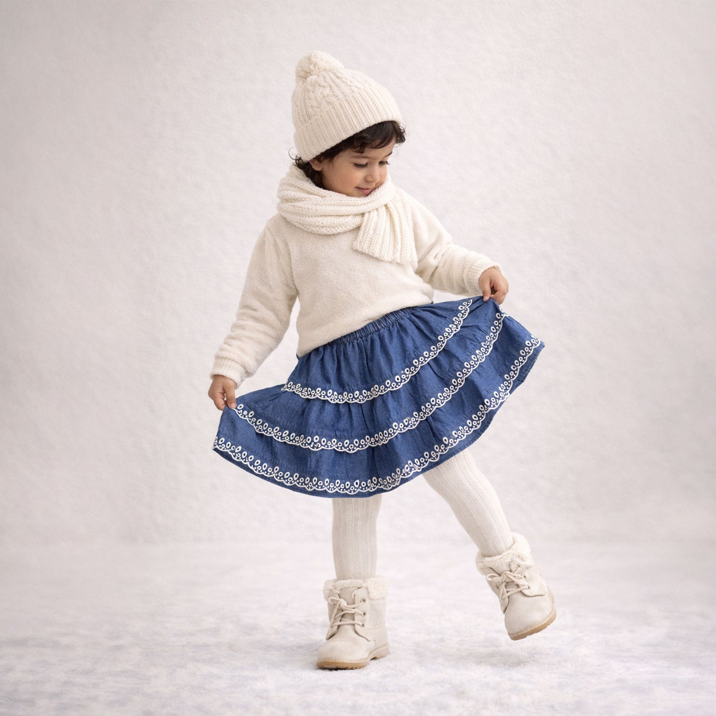 Girls washed denim boho tiered skirt with scalloped eyelet embroidery – Sophia by Erde, ages 1–6