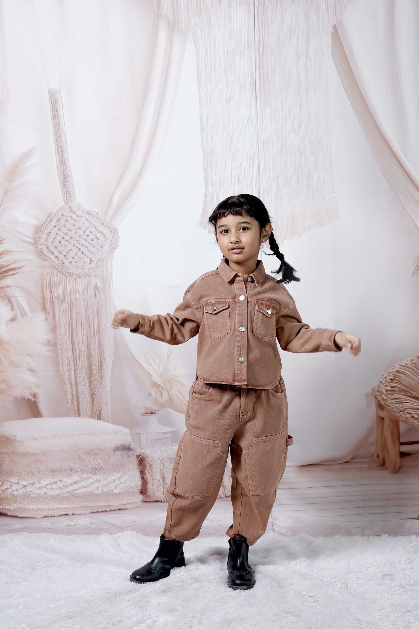 Girls mocha denim wide-leg co-ord set – Suzzie by Érde, ages 2–6, handmade India
