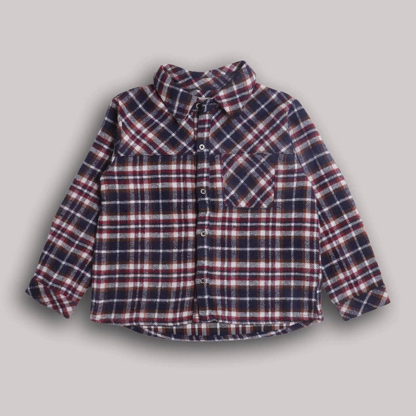 Vince flannel shirt styled on boy aged 2–6 — warm brushed cotton, earthy tones, Erde India