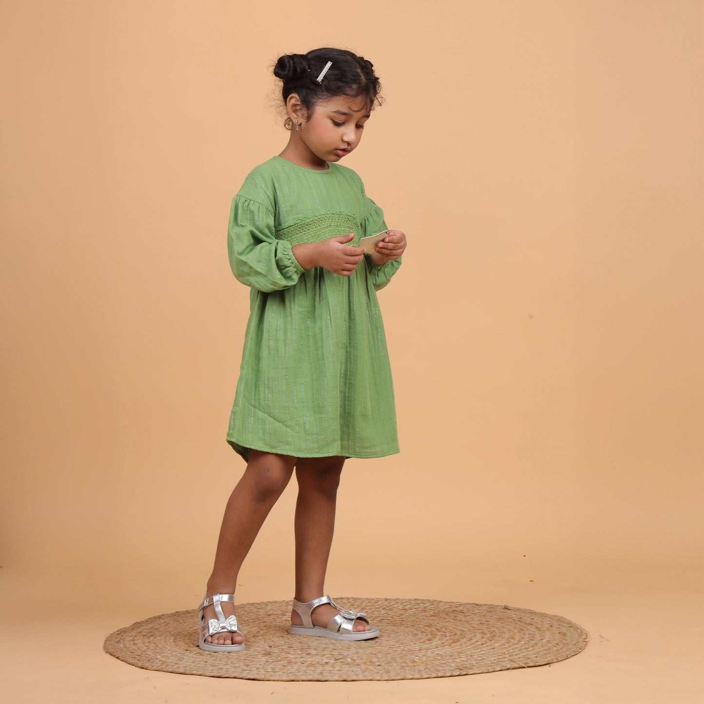 Girls green lurex smocked festive dress – Wonder by Erde, ages 2–6