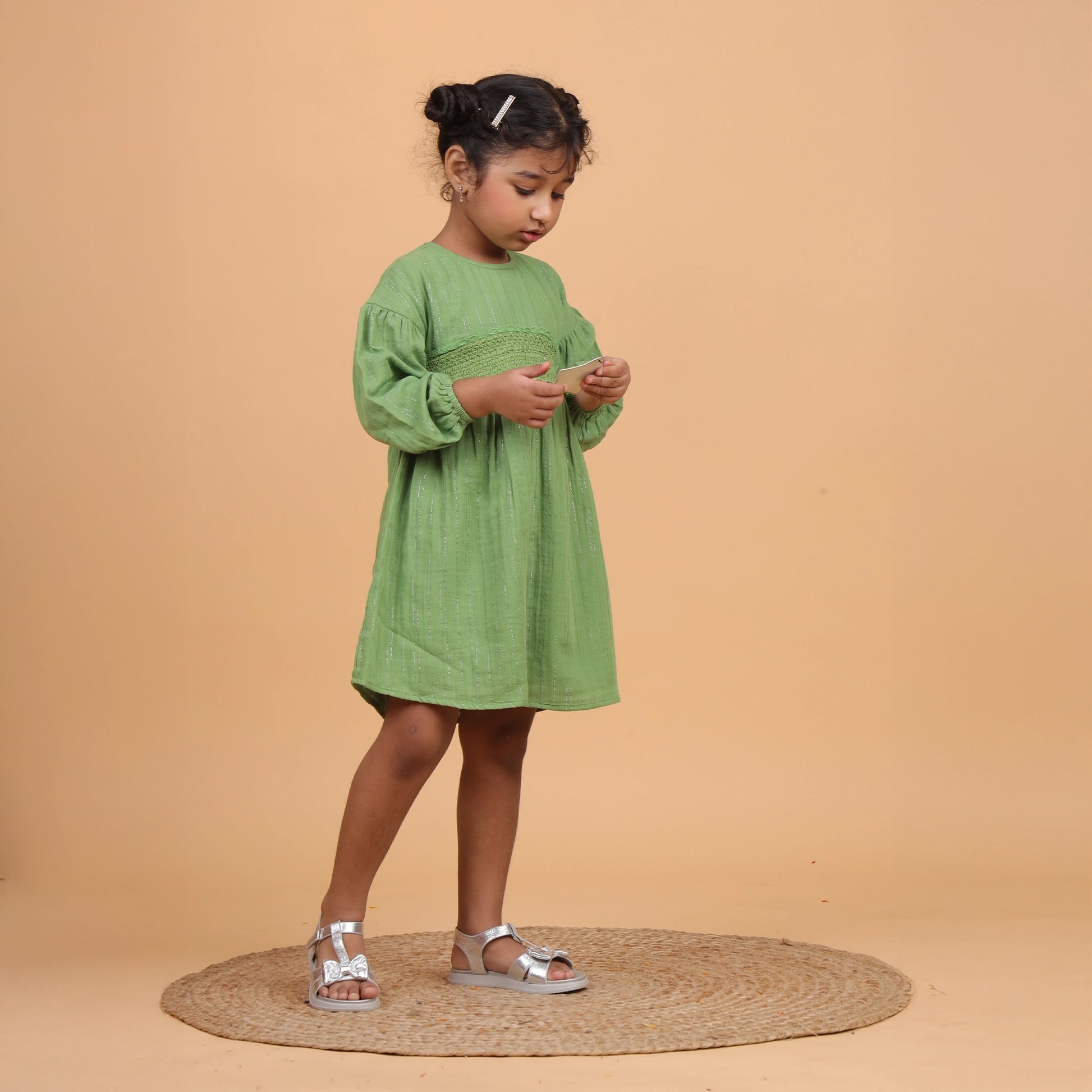 Girls green lurex smocked festive dress – Wonder by Erde, ages 2–6