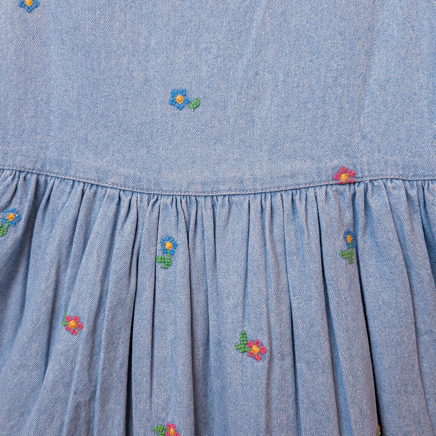 🌼 Juliet  – Classic Light Blue Floral Embroidered Denim Pinafore Dress