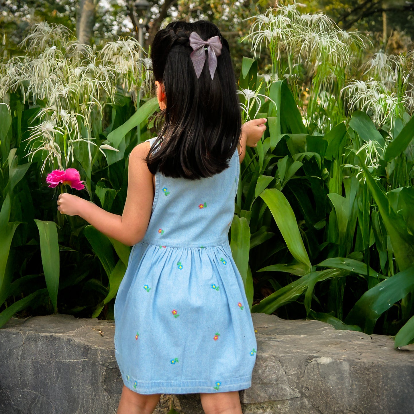 🌼 Juliet  – Classic Light Blue Floral Embroidered Denim Pinafore Dress