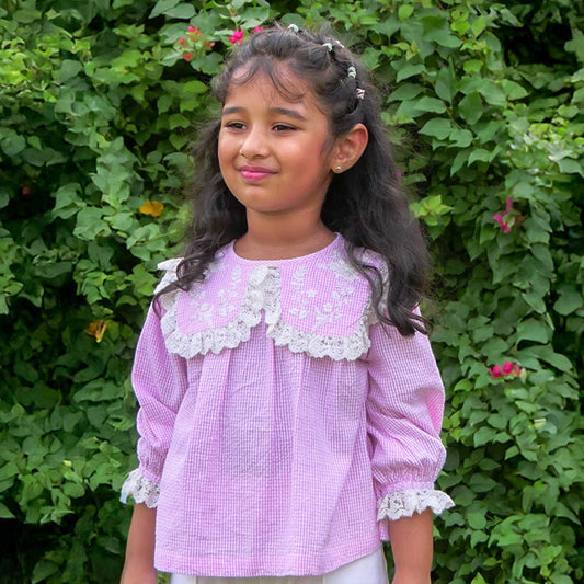 💗 Lana Blouse – Pink Gingham with Handmade Embellished collar