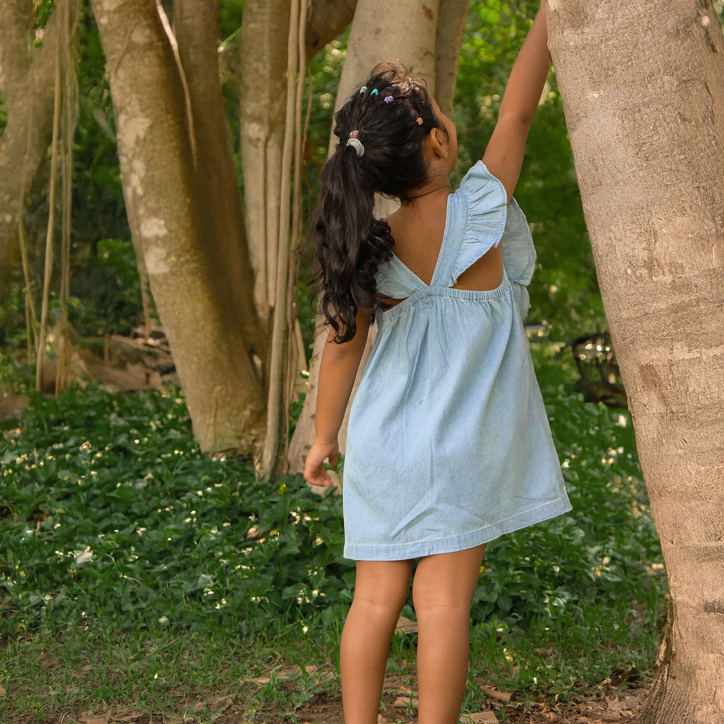 🌿 Lucy Dress – Light Blue Denim  with Whisper Embroidery & a chic backline