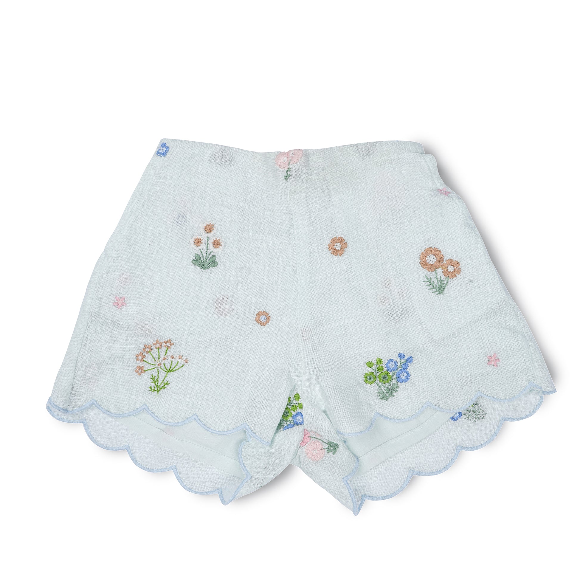 Light blue baby shorts with floral embroidery on a white background