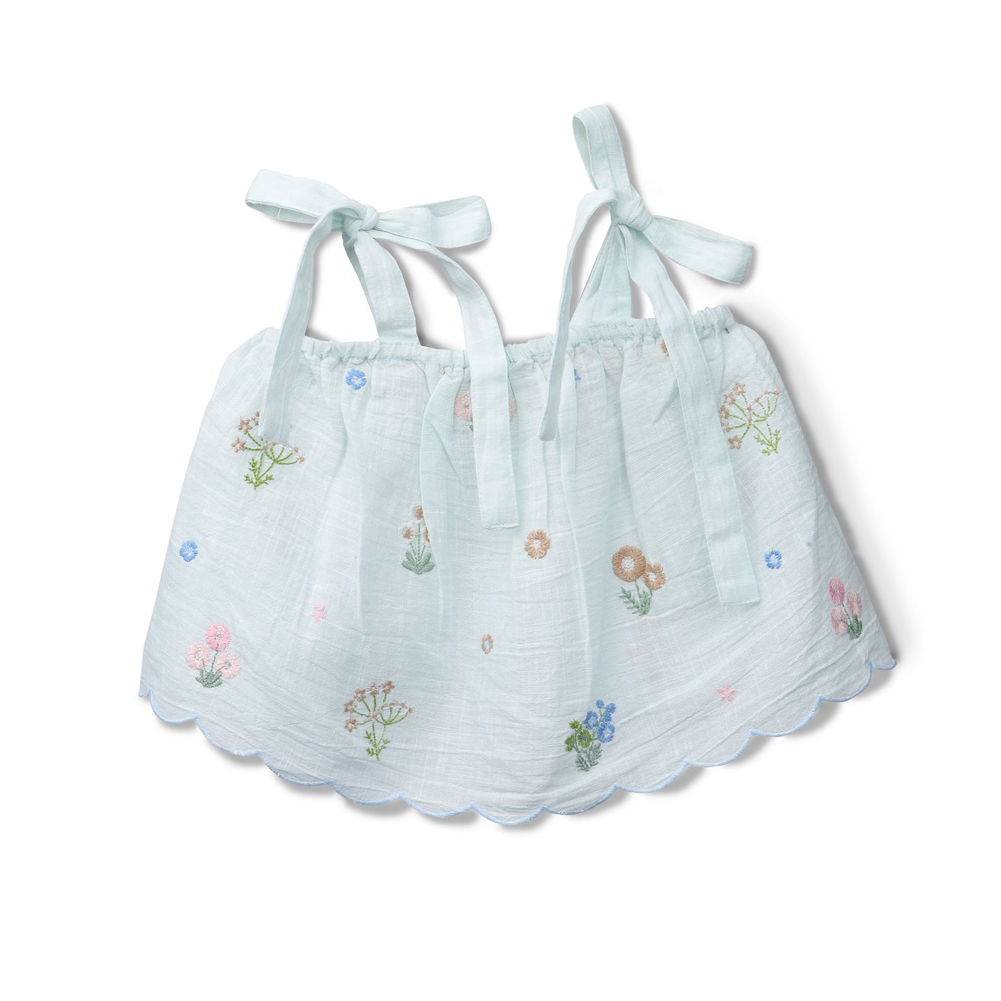 Light blue baby romper with floral embroidery on a white background