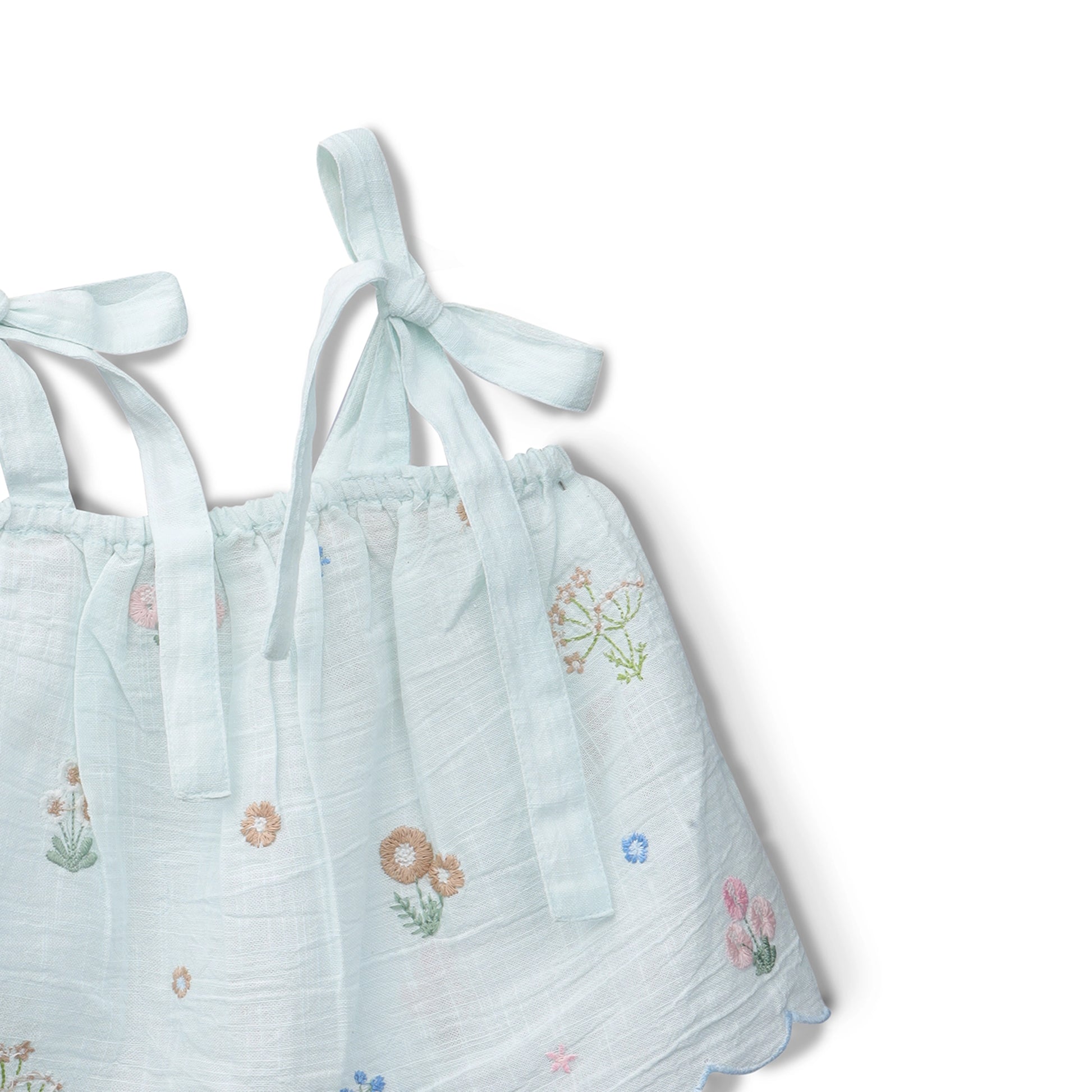 Light blue baby dress with floral embroidery on a white background
