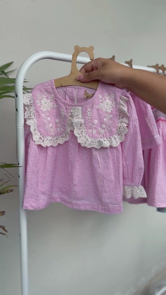 Girls Pink Gingham Blouse with Embellished Lace Collar – Lana | ERDE India