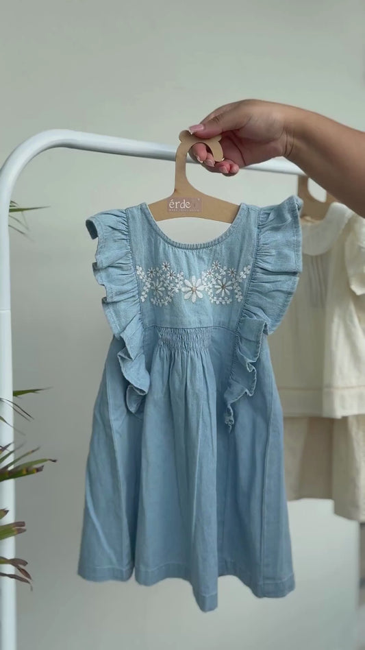 🌿 Lucy Dress – Light Blue Denim  with Whisper Embroidery & a chic backline